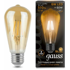 Лампа светодиодная Лампа светодиодная филаментная Black Filament 6Вт ST64 2400К E27 Golden LOFT Gauss 102802006