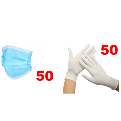 Маска защитная одноразовая(50 шт) + Перчатки смотровые гладкие размер L (Bi.Safe) (50 пар)