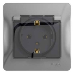 Schneider Electric Glossa Алюминий Розетка с заземлением со шторками с крышкой, IP20 (в сборе с рамкой) (GSL000346)