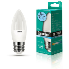 Лампа светодиодная LED8-C35/845/E27 8Вт свеча 4500К бел. E27 750лм 170-265В Camelion 12390