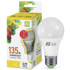 Лампа светодиодная LED-A60-standard 15Вт грушевидная 3000К тепл. бел. E27 1350лм 160-260В ASD 4690612002088