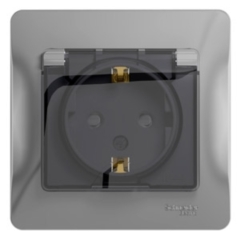 Schneider Electric Glossa Алюминий Розетка с заземлением со шторками с крышкой, IP44 (в сборе с рамкой) (GSL000348)