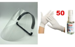 Комплекты индивидуальной защиты Защитный экран для лица АРЕТ + Антибактериальный спрей MicrobSTOP, 30 мл + Перчатки смотровые гладкие размер L (Bi.Safe) (50 пар)